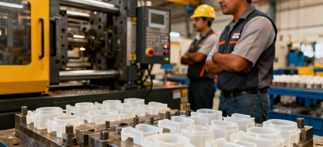 Workers operating plastic injection molding machines in a modern factory in Mexico
